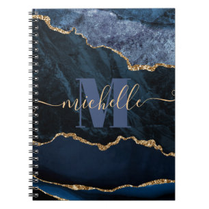Blue & Gold Faux Glitter Marble Agate Notebook