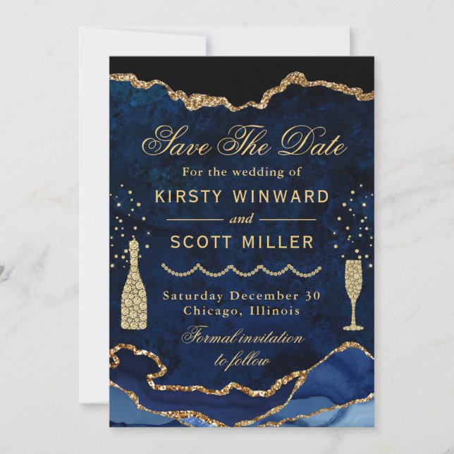 Blue & Gold Faux Glitter Marble Agate Wedding Save The Date (Front)