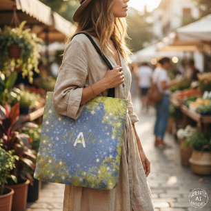 Blue & Gold Faux Glitter Sparkle Monogram Name Tote Bag