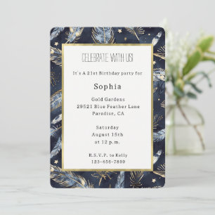 Blue Gold Feathers Stars Birthday Invitation