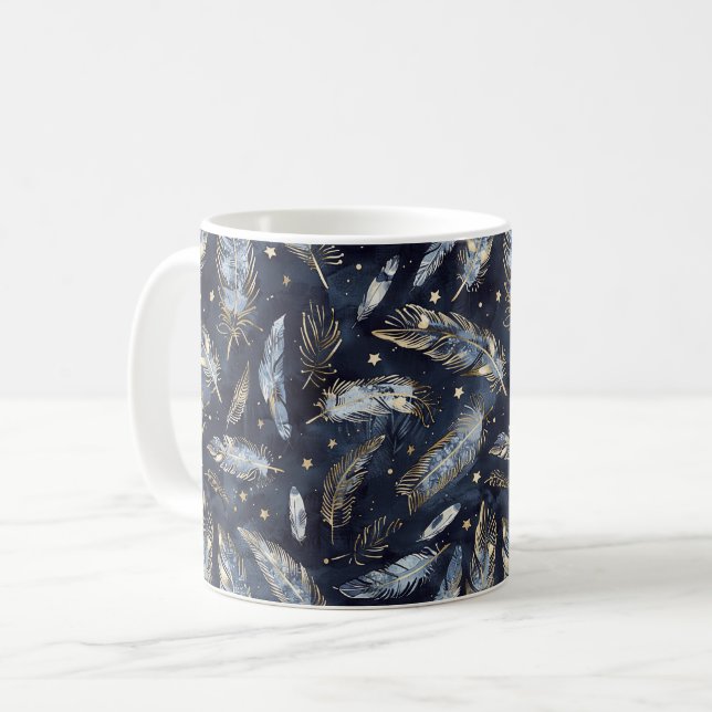 Blue Gold Feathers Stars Coffee Mug (Front Left)