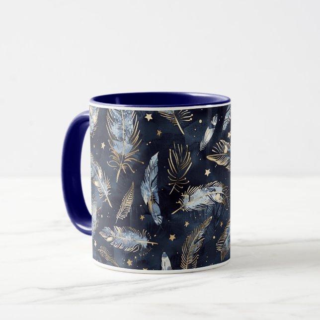 Blue Gold Feathers Stars Mug (Front Left)