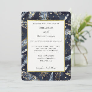 Blue Gold Feathers Stars Wedding Invitation