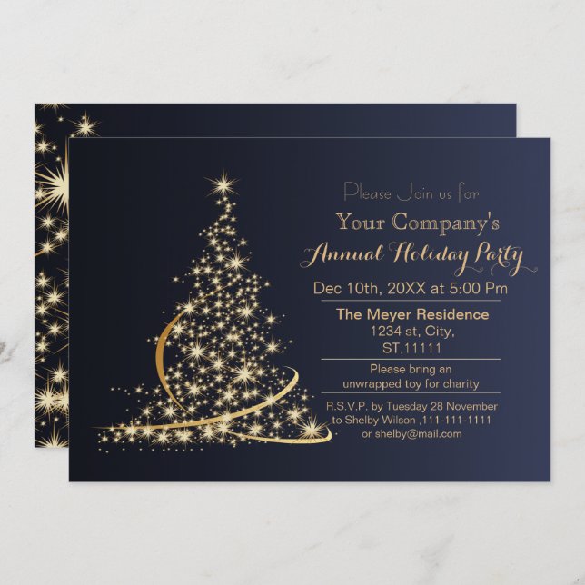 blue Gold Festive Corporate holiday party Invitation (Front/Back)