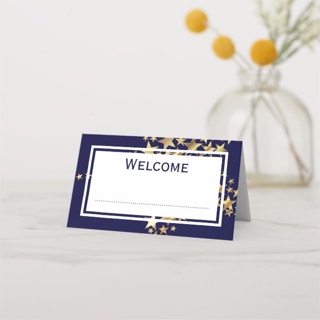 Blue Gold FESTIVE STARS Customisable Place Card (Front)