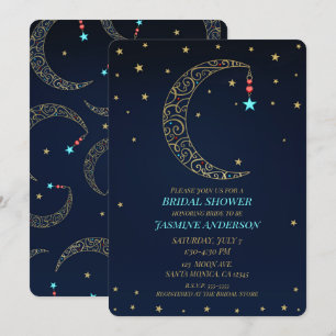 Blue Gold Filigree Moon Celestial Bridal Shower Invitation