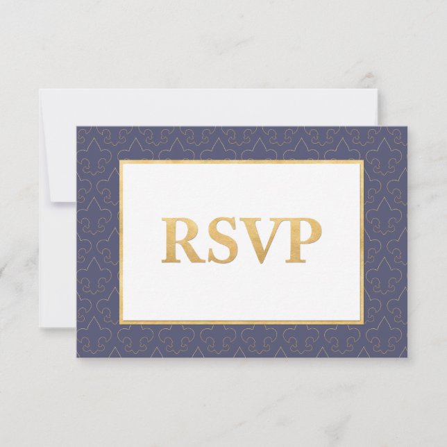Blue & Gold Fleur De Lis Wedding RSVP Card (Front)