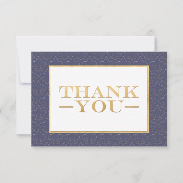 Blue & Gold Fleur De Lis Wedding Thank You Cards (Front)