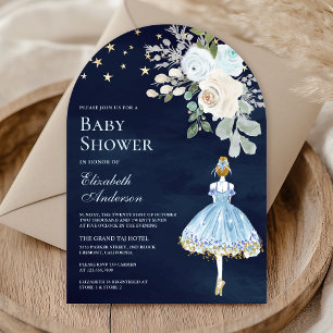 Blue Gold Floral Ballerina Arch Navy Baby Shower Invitation