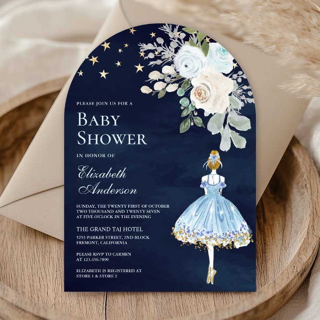 Blue Gold Floral Ballerina Arch Navy Baby Shower Invitation (Creator Uploaded)