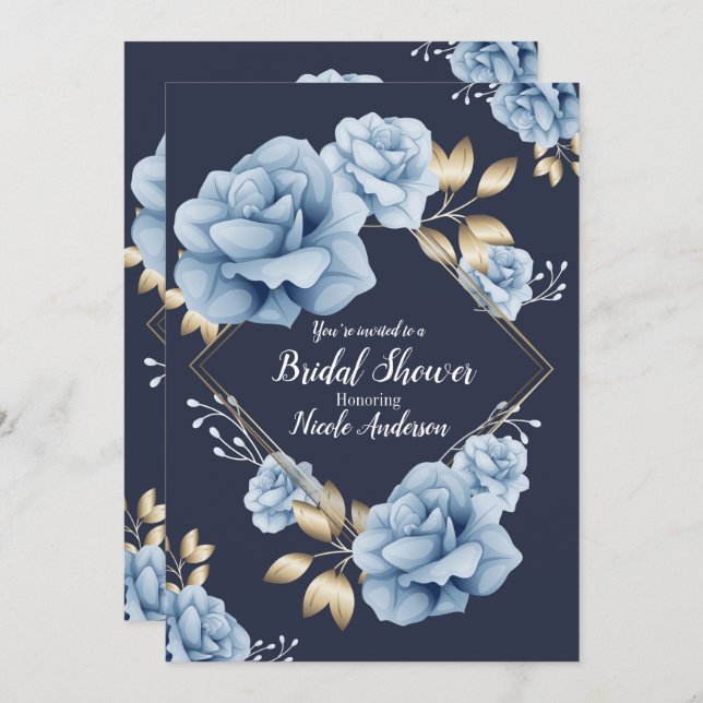 Blue & Gold Floral Botanical Bridal Shower Invitation (Front/Back)