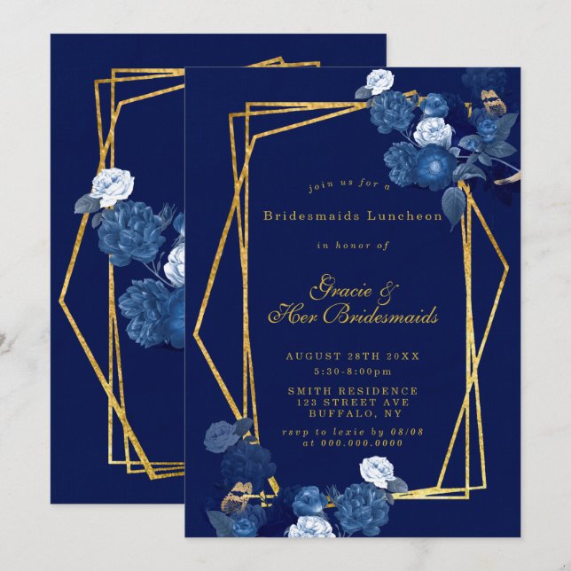 Blue & Gold Floral Bridesmaids Luncheon Invites (Front/Back)