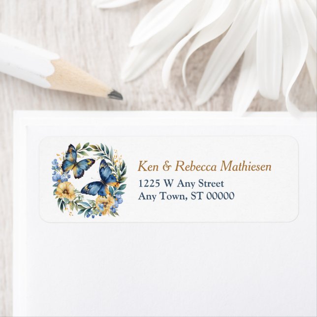 Blue Gold Floral Butterfly Wreath Return Address (Insitu)