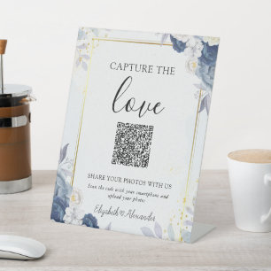 Blue Gold Floral Capture The Love Wedding  Pedestal Sign