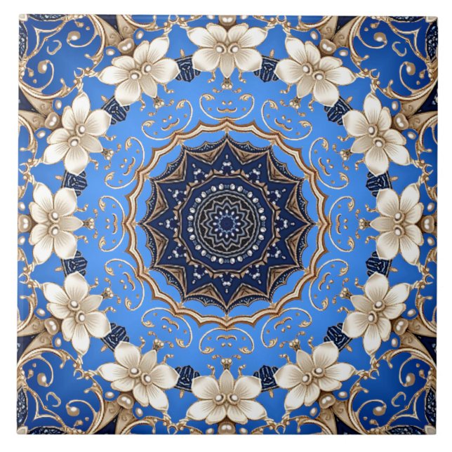 Blue Gold Floral Ceramic Tile (Front)