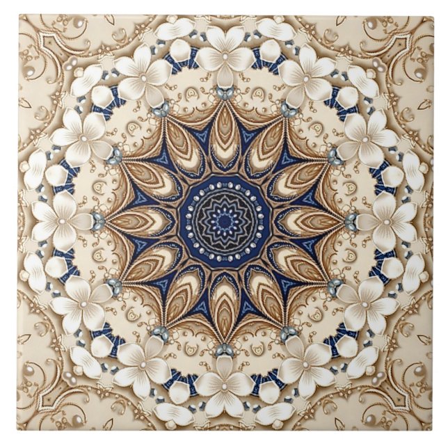 Blue Gold Floral Ceramic Tile (Front)