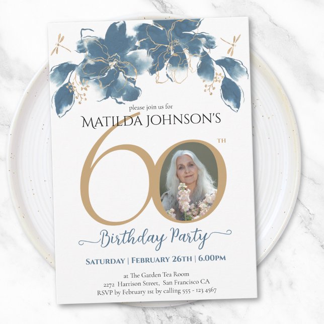 Blue Gold Floral Custom Photo 60th Birthday Invitation (Blue Gold Floral Custom Photo 60th Birthday Invitation)