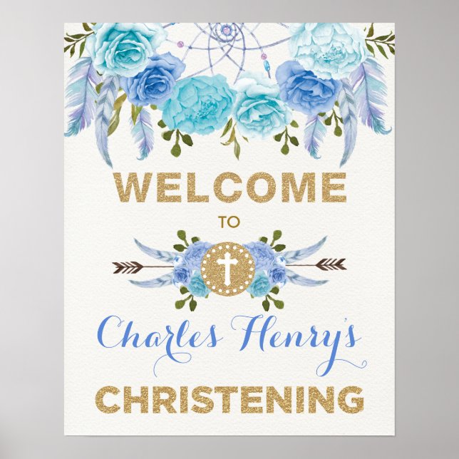 Blue Gold Floral Dreamcatcher Christening Welcome Poster (Front)