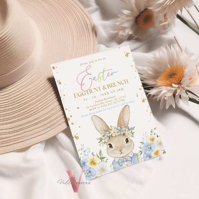 Blue Gold Floral Easter Egg Hunt & Brunch Bunny In Invitation (Creator Uploaded)