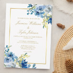 Blue Gold Floral Elegant Evening Winter Wedding Invitation<br><div class="desc">Elegant blue and white roses decorate this beautiful floral evening wedding invitation. The chic faux gold foil frame is accented with pretty indigo watercolor flowers and a lovely light yellow botanical sprig. The couple's names are written in classic gold cursive script within the rectangle border of this modern winter invite....</div>