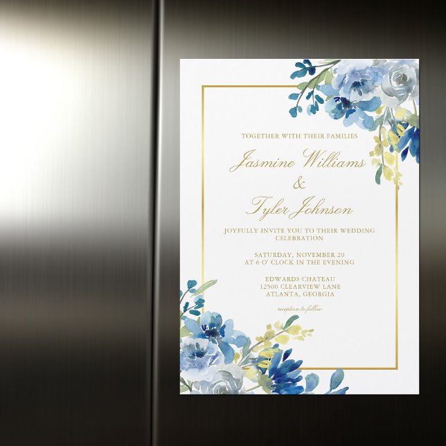 Blue Gold Floral Elegant Evening Winter Wedding Magnetic Invitation (Creator Uploaded)