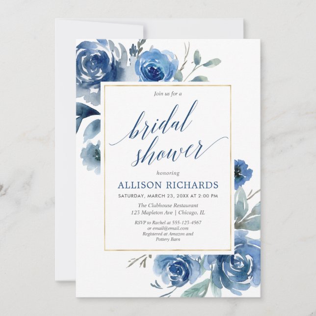 Blue gold floral elegant peony bridal shower invitation (Front)