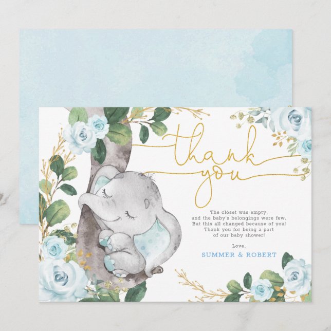 Blue Gold Floral Elephant Baby Thank You Card (Front/Back)