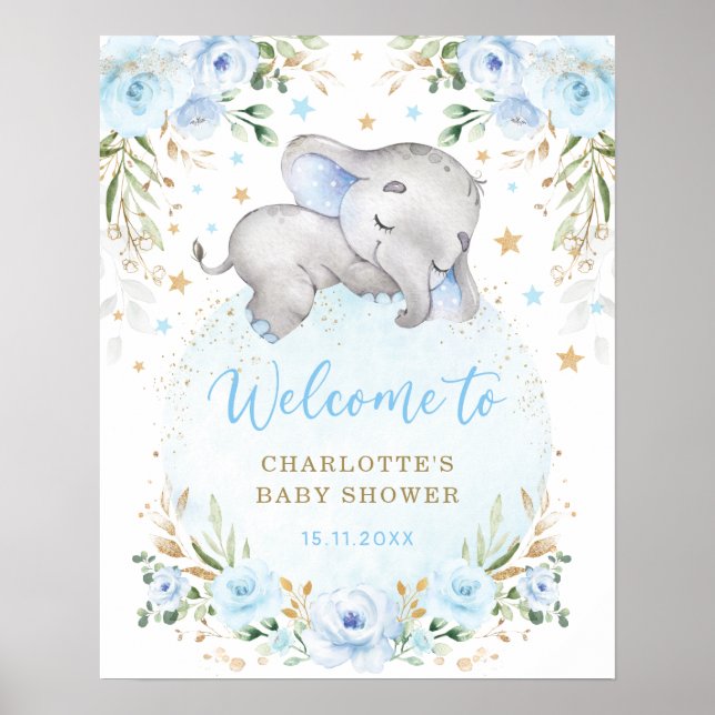 Blue Gold Floral Elephant Boy Baby Shower Welcome Poster (Front)
