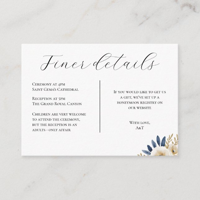 Blue Gold Floral Floral Wedding Reception Card (Front)