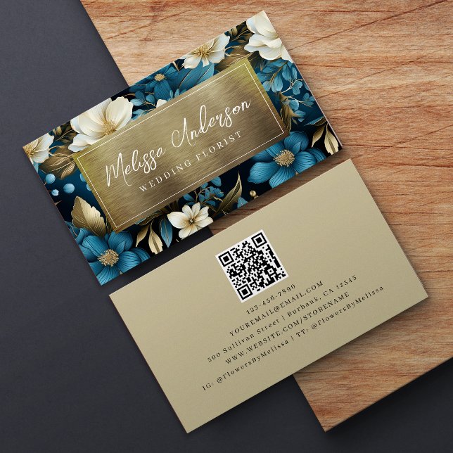 Blue Gold Floral Foil QR Code Luxe Business Card (Creator Uploaded)