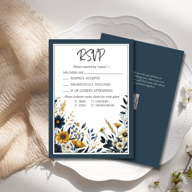 Blue Gold Floral Formal Elegant Wedding RSVP (Elegant Formal Wedding RSVP Blue Yellow Wildflower Floral with QR Code for Wedding Website.)