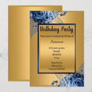 BLUE GOLD FLORAL FULL PRINT ALL OCCASION BIRTHDAY INVITATION