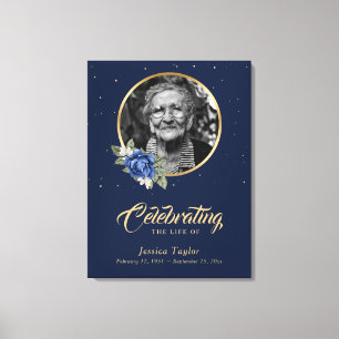 Blue Gold Floral Funeral Welcome Photo Sign