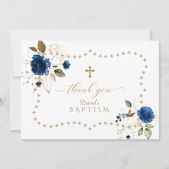 Blue Gold Floral Gold Glitter Frame Boy Baptism Thank You Card (Front)