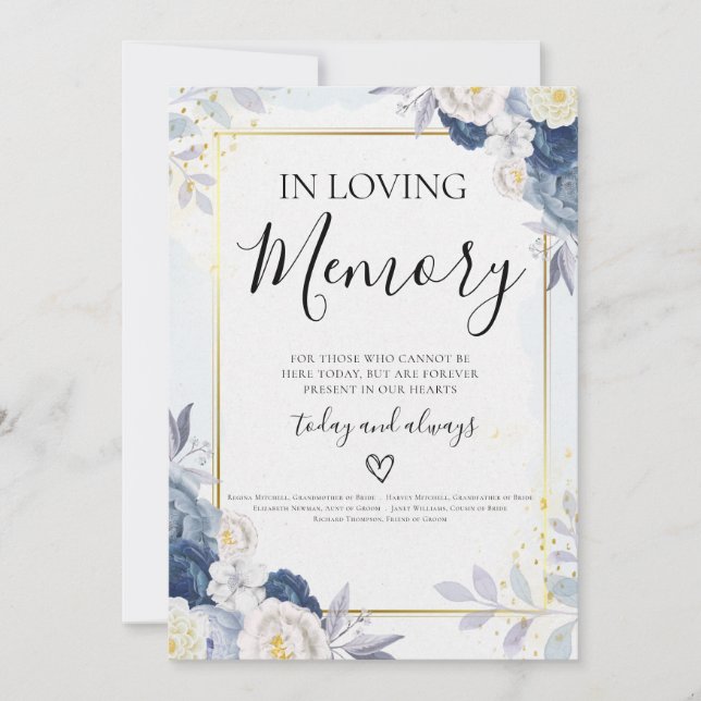 Blue Gold Floral in Loving Memory Wedding Card (Front)