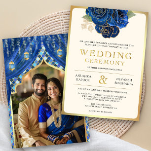Blue Gold Floral Indian Hindu Photo Wedding Invitation