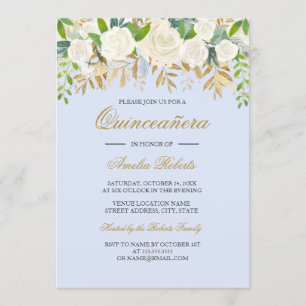 Blue Gold Floral Leaf Watercolor Quinceanera Invitation