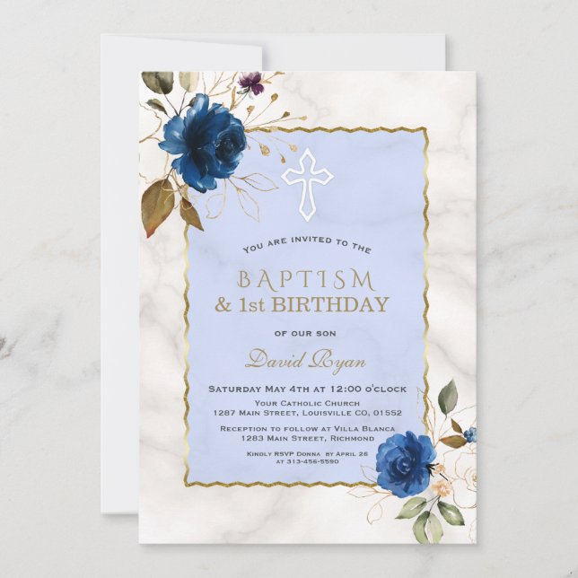 Blue Gold Floral Marble 1st Birthday & Baptism Invitation (Front)