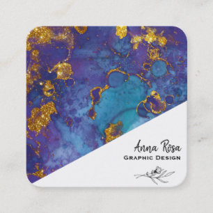 *~* Blue Gold Floral Marble Abstract Organic Square Business Card