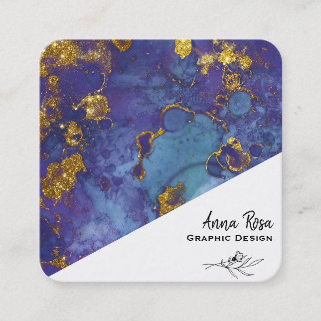 *~* Blue Gold Floral Marble Abstract Organic Square Business Card (Front)
