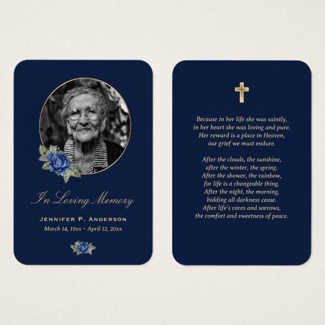 Blue Gold Floral Memorial Cards (Front & Back)