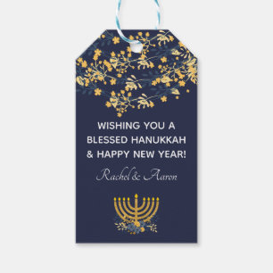 Blue & Gold Floral + Menorah Pattern Hanukkah Blue Gift Tags