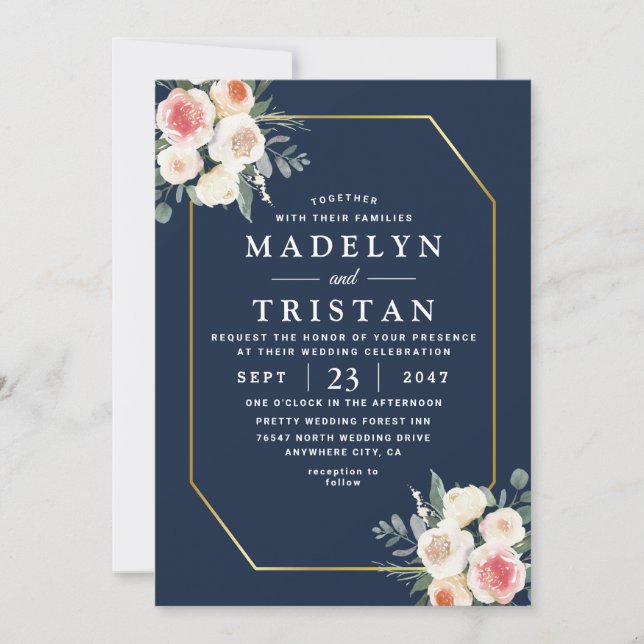 Blue Gold floral Minimalist Photo Wedding Invitation (Front)