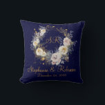 Blue Gold Floral Monogram Logo Wedding Gift  Cushion<br><div class="desc">Blue Gold winter floral monogram logo wedding gift throw pillow. Great gift for newly weds. Easy to customise bride groom names,  initials and wedding date. Get yours today!</div>