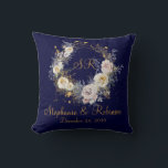 Blue Gold Floral Monogram Logo Wedding Gift  Cushion<br><div class="desc">Blue Gold winter floral monogram logo wedding gift throw pillow. Great gift for newly weds. Easy to customise bride groom names,  initials and wedding date. Get yours today!</div>