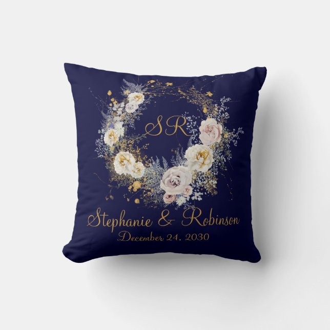 Blue Gold Floral Monogram Logo Wedding Gift  Cushion (Front)
