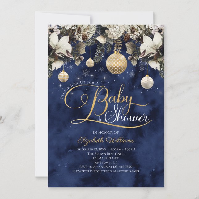 Blue Gold Floral Ornaments Christmas Baby Shower Invitation (Front)