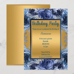 BLUE GOLD FLORAL PATTERN ALL OCCASION BIRTHDAY INVITATION