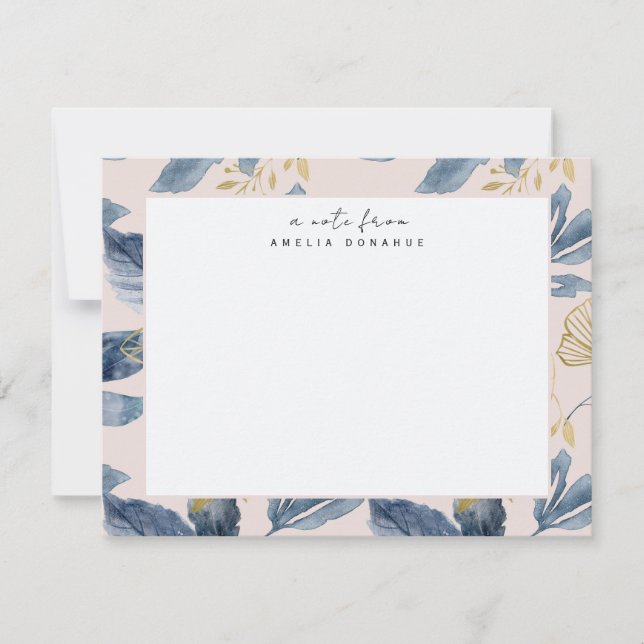 Blue Gold Floral Pattern Personalised Stationery Card (Front)