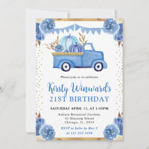 Blue Gold Floral Pumpkin Truck Fall 21st Birthday Invitation